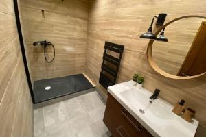 een badkamer met een wastafel, een douche en een spiegel bij Très beau appartement au centre historique de Riez in Riez