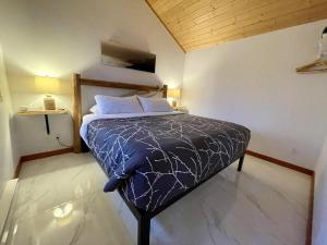 a bedroom with a bed with a blue comforter at Private Oceanfront Cabin With Hot Tub Doc Holiday Cabin in Ucluelet