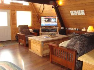 a living room with a television in a cabin at The Wüdenknipple in Bessemer