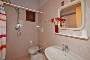 een badkamer met een wastafel, een toilet en een spiegel bij Casa Rosalba in Pietrasanta