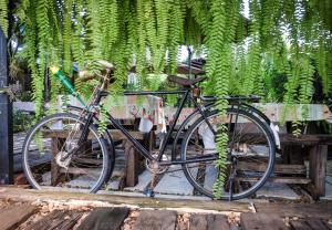 a bike parked next to a table with plants at โรงแรมบ้านเพิ่มสุข อิมแพ็ค เมืองทอง in Pak Kret