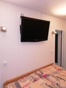 a flat screen tv hanging on a wall above a bed at CrisAnd Wald &Terrasse in Altenau