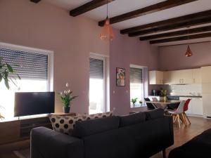 a living room with a couch and a kitchen at Oleander Hof in Hochstadt