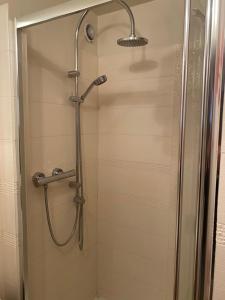 a shower with a glass door and a shower head at Apartament Elizabeth in Gdynia +12 photos