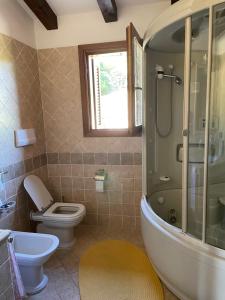 y baño con ducha, aseo y lavamanos. en Villa Stazzu Sa Murta, en Cugnana