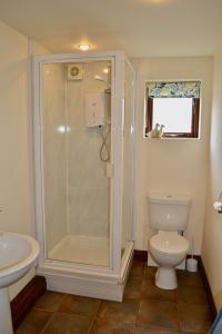 a bathroom with a shower and a toilet and a sink at Lodge Barns in Fiskerton +25 photos