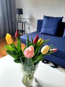 a vase of flowers on a table in a living room at Old Town Apartment in Malbork