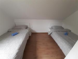 two beds in a room with blue bottles on the floor at Apartman Djokovic in Mokra Gora