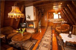 a living room with a fireplace in a log cabin at Hotel Zakątek Leśny in Cierpice