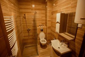 um banheiro com chuveiro, vaso sanitário e pia em Zlatar Apartman br 16 em Brdo
