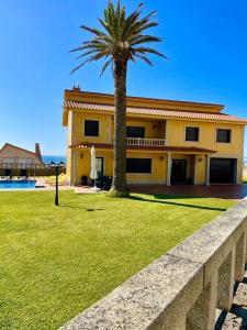 a yellow house with a palm tree in front of it at Casa Con Piscina Junto Al Mar in Oia