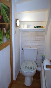 a bathroom with a white toilet in a room at Gîte Charbonnerie in Moncontour