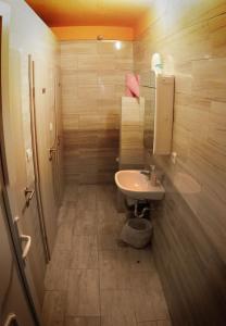a small bathroom with a sink and a toilet at Glamping Vrhovc in Železniki