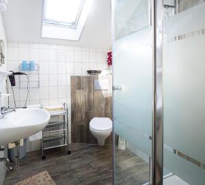 Un baño con inodoro, lavabo y ducha. en Landhaus Petra, en Bad Füssing