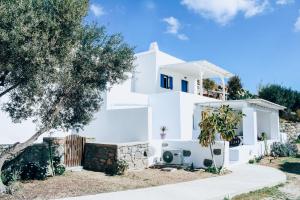 uma casa branca com uma árvore em frente em The Elaia House Mykonos em Ornos