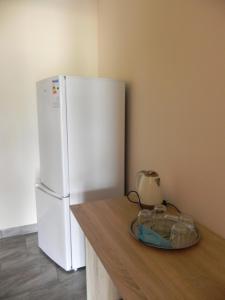 a kitchen with a white refrigerator and a counter top at База відпочинку "Сонячна" in Primorskoye