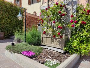 einen Garten mit Blumen und einem Straßenlicht in der Unterkunft Le rondini di San Donato in Lucca