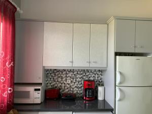 cocina con armarios blancos y nevera blanca en Xenia Apartment, en Kokkari