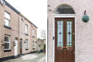 two pictures of a door and a building at Hywel’s Place in Liverpool