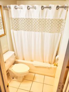 a bathroom with a toilet and a shower curtain at The Port Hotel and Marina in Crystal River