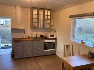 een keuken met een wastafel en een fornuis top oven bij Sjövillan 2 in Stallarholmen
