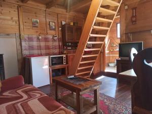 ein Wohnzimmer mit einer Wendeltreppe in einem Blockhaus in der Unterkunft Little Heaven Apartments in Jezdići