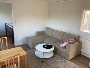 Stallarholmen的住宿－Sjövillan 2，客厅配有沙发和桌子