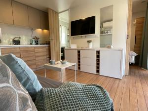 un soggiorno con divano e TV e una cucina di HARMONIA mobile home a Rovigno (Rovinj)