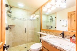 La salle de bains est pourvue d'une douche, de toilettes et d'un lavabo. dans l'établissement Beautiful Mountain 2 Bedroom Ski-In Ski-Out in Ski Trails condo, à Kingswood Estates