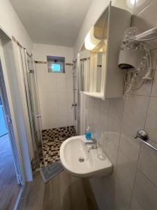 uma casa de banho com um lavatório e um chuveiro em Gästehaus zum Surgrund em Cuxhaven
