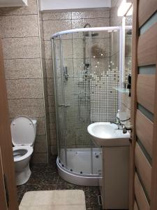 a bathroom with a shower and a toilet and a sink at Studio Turquoise - Eforie Nord in Eforie Nord