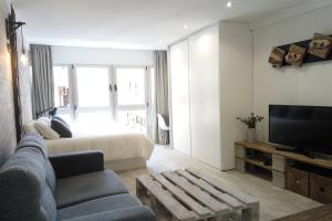 a living room with a couch and a bed and a television at Loft Bazán - Centro Alicante in Alicante
