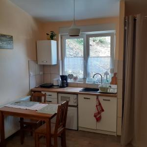 uma cozinha com uma mesa, um lavatório e uma janela em Apartament Beata em Karpacz
