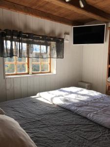 a bedroom with a bed with a television and a window at Näkna Hill in Åby