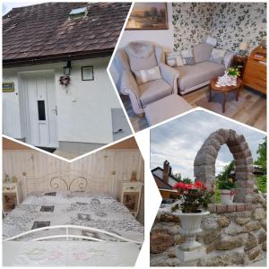 a collage of four pictures of a living room at Burgi`s Ferienhaus in Litschau