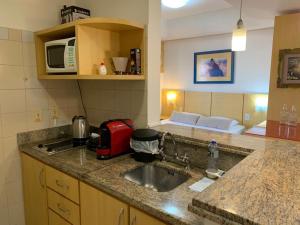 eine Küchentheke mit Spüle und Mikrowelle in der Unterkunft Apartamento Beverly Hills Studio in Porto Alegre