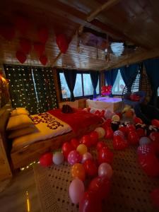 アイダー・ヤイラシにあるAyder Şelale Dağ Evleriの床にベッドと風船が備わる客室です。