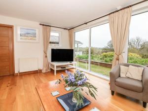 uma sala de estar com uma televisão, um sofá e uma mesa em Wood View Cottage em Blackawton