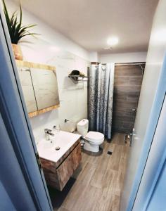 ein Badezimmer mit einem weißen WC, einem Waschbecken und einem WC-istg in der Unterkunft Zoes Apartment Kos Town in Kos-Stadt
