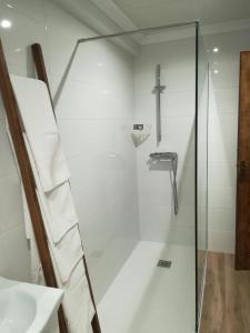 a shower with a glass door next to a sink at A Botica de Portomouro in Val do Dubra