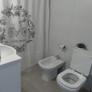 ein Badezimmer mit einem WC, einem Waschbecken und einem Duschvorhang in der Unterkunft Departamento Avani, nuevo A ESTRENAR, GIMNASIO Y SUM in Cordoba