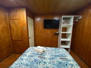 a bedroom with a bed and a tv and a book shelf at Depto N°1 Temuco Centro in Temuco