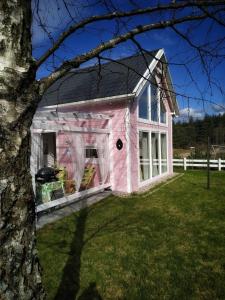 ein rosafarbenes Haus mit schwarzem Dach in der Unterkunft Bajkowy domek Villa Rosa na Kaszubach in Grzybowo