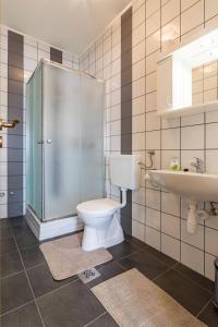 a bathroom with a shower and a toilet and a sink at Tölgyfa Vendégház in Kiskőrös