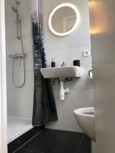 ein Bad mit einem Waschbecken, einer Dusche und einem WC in der Unterkunft New Delft Garden View Prins Room delta in Delft