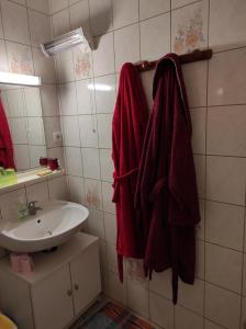 bagno con lavandino e asciugamano rosso di La guguenaie a Béganne Altre 15 foto