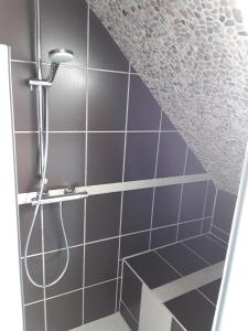 La salle de bains est pourvue d'une douche avec du carrelage bleu. dans l'établissement Fewo Haus Morgenstern im Ankerweg, à Neuharlingersiel