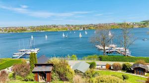 a view of a harbor with boats in the water at Haus am See in Möhnesee
