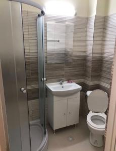a bathroom with a toilet and a sink and a shower at Pensiunea Paradis in Băile Herculane