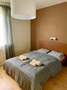 een slaapkamer met een bed met twee handdoeken erop bij Komfortowe Apartamenty w Nałęczowie in Nałęczów